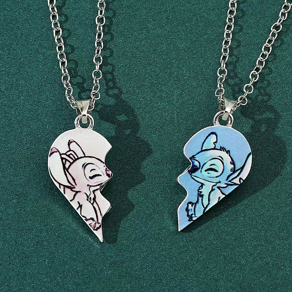 -Stitch Heart Necklace for Couple, Gold and Silver Color, Angel and Stitch, Cute Style , Jewelry Pendant, Gift for Girl, 1
