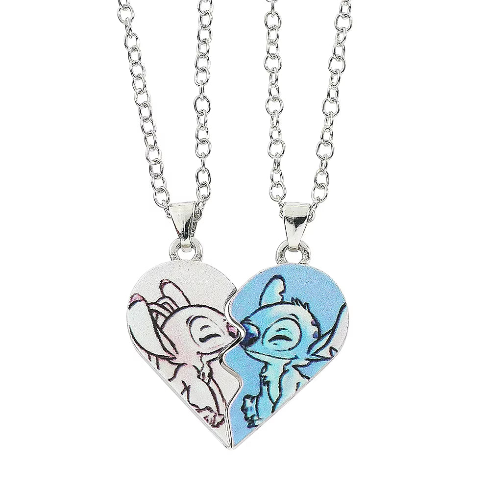 -Stitch Heart Necklace for Couple, Gold and Silver Color, Angel and Stitch, Cute Style , Jewelry Pendant, Gift for Girl, 1