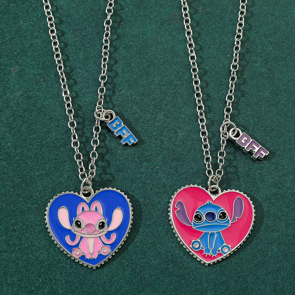 -Stitch Heart Necklace for Couple, Gold and Silver Color, Angel and Stitch, Cute Style , Jewelry Pendant, Gift for Girl, 1