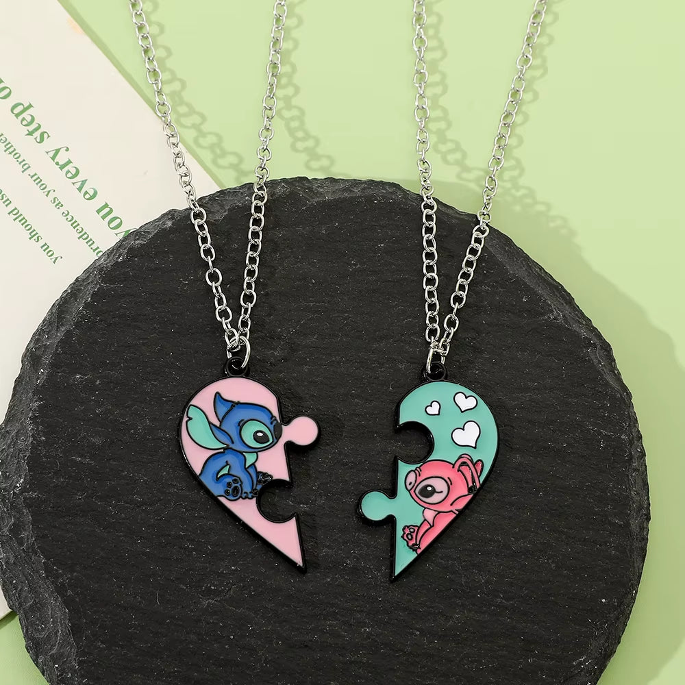 -Stitch Heart Necklace for Couple, Gold and Silver Color, Angel and Stitch, Cute Style , Jewelry Pendant, Gift for Girl, 1
