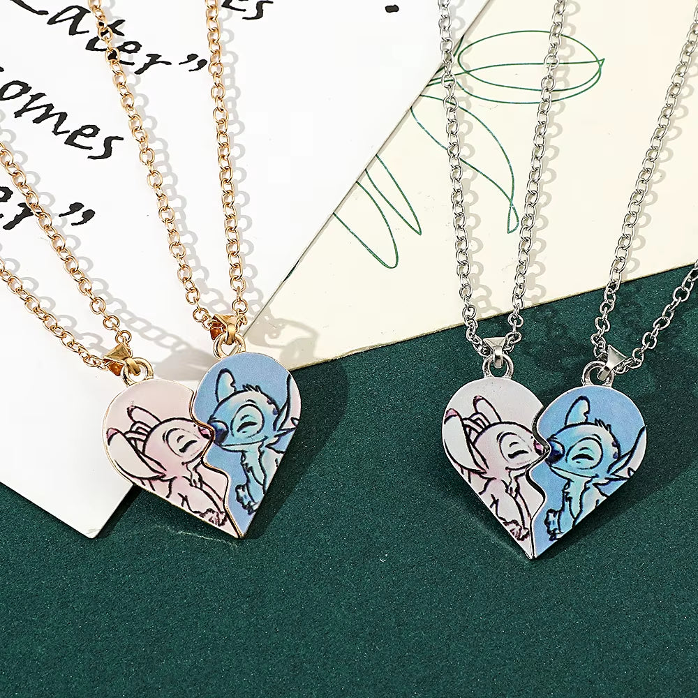-Stitch Heart Necklace for Couple, Gold and Silver Color, Angel and Stitch, Cute Style , Jewelry Pendant, Gift for Girl, 1