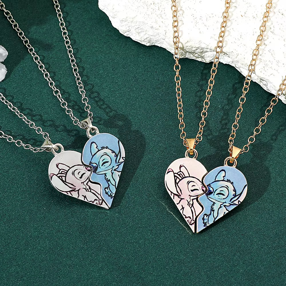 -Stitch Heart Necklace for Couple, Gold and Silver Color, Angel and Stitch, Cute Style , Jewelry Pendant, Gift for Girl, 1