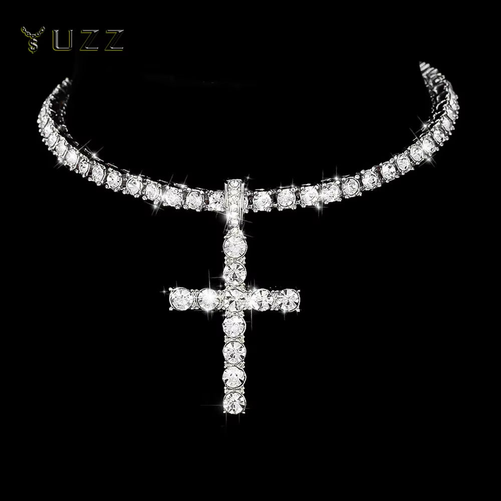 Hip Hop Iced Out Cross Pendant Necklace Strap 4Mm Zircon Tennis Chain Men Women Sparkling Necklace Punk Jewelry Fashion Gift