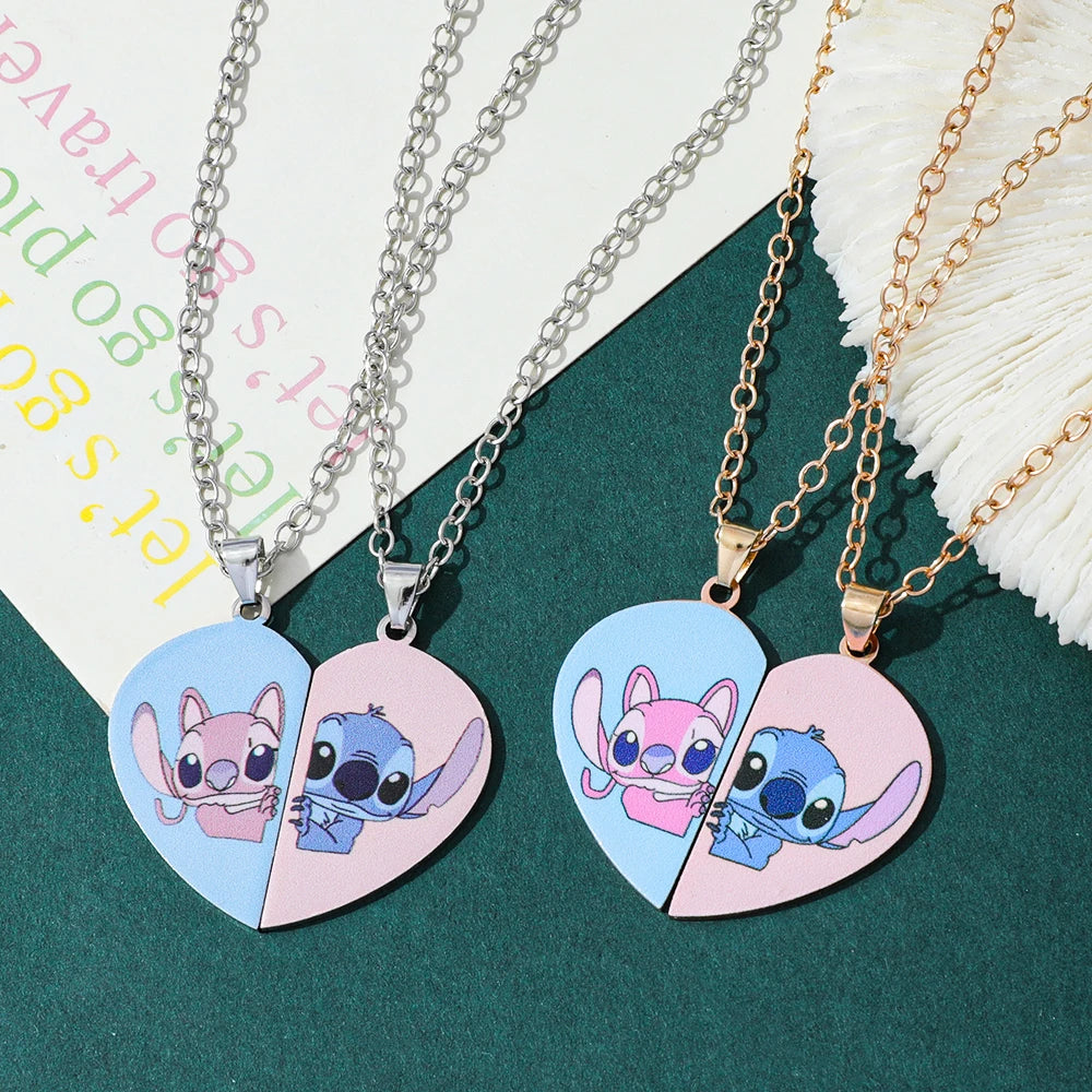 -Stitch Heart Necklace for Couple, Gold and Silver Color, Angel and Stitch, Cute Style , Jewelry Pendant, Gift for Girl, 1