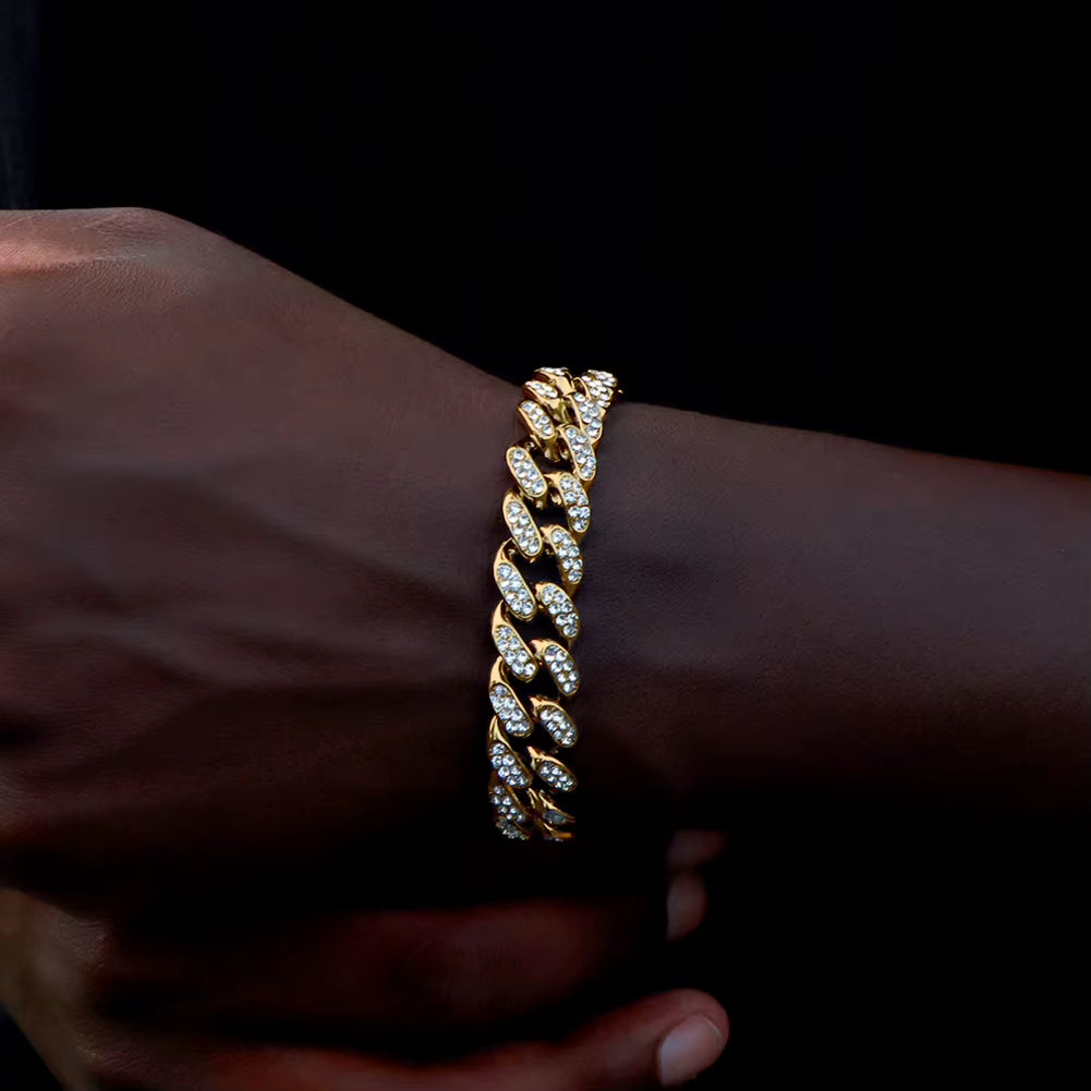 14MM Iced Prong Link Cuban Chain Bracelets for Men Women Full Rhinestones Chunky Miami Cuban Bracelet Punk Hip Hop Jewelry Gift
