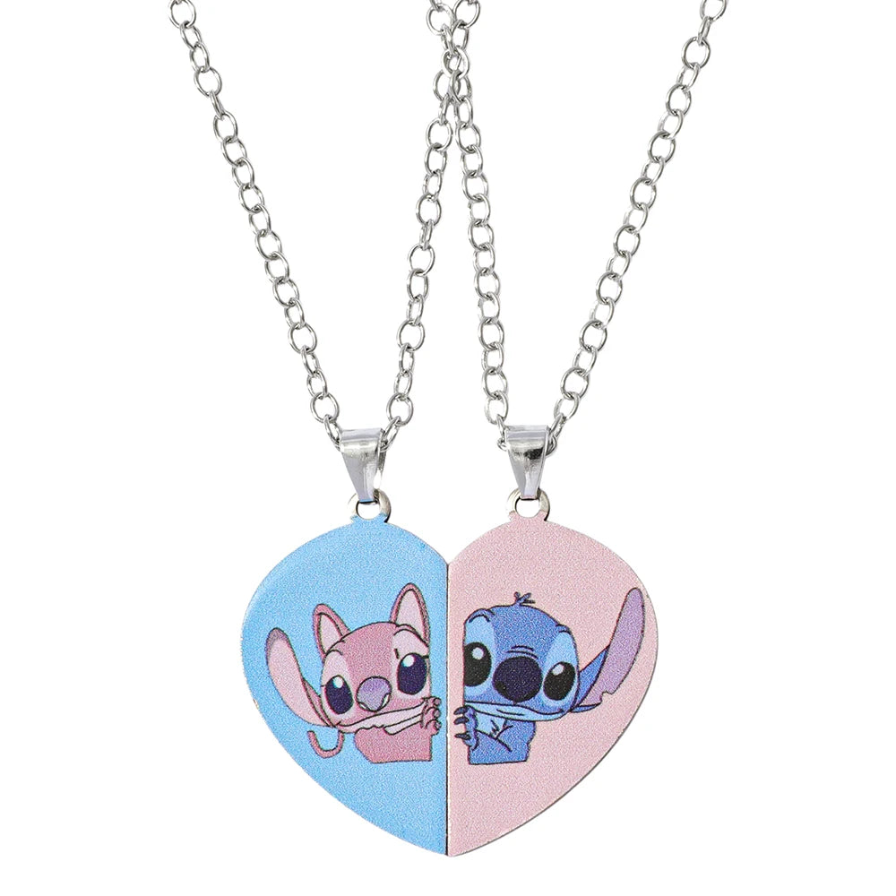 -Stitch Heart Necklace for Couple, Gold and Silver Color, Angel and Stitch, Cute Style , Jewelry Pendant, Gift for Girl, 1