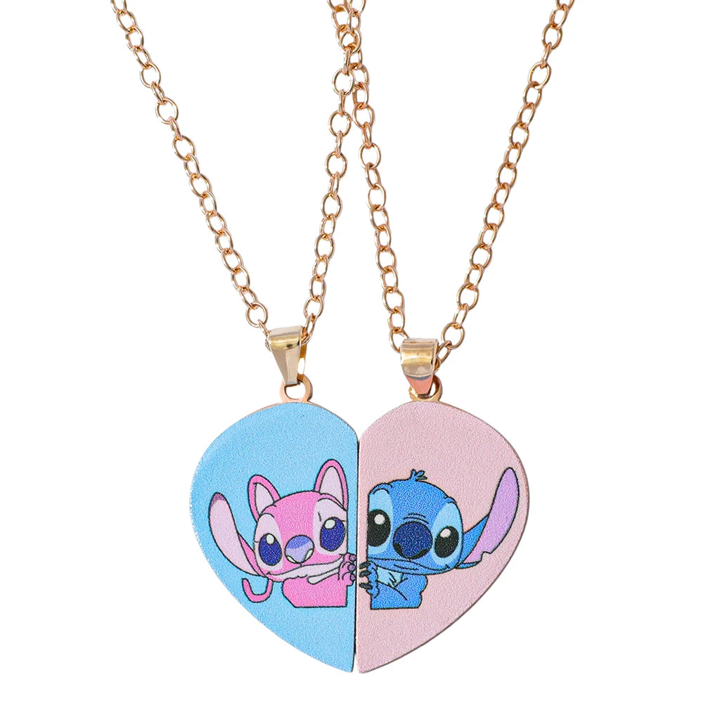 -Stitch Heart Necklace for Couple, Gold and Silver Color, Angel and Stitch, Cute Style , Jewelry Pendant, Gift for Girl, 1