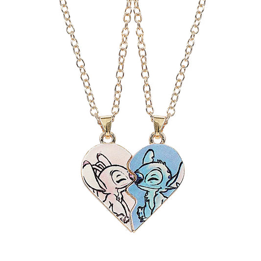 -Stitch Heart Necklace for Couple, Gold and Silver Color, Angel and Stitch, Cute Style , Jewelry Pendant, Gift for Girl, 1