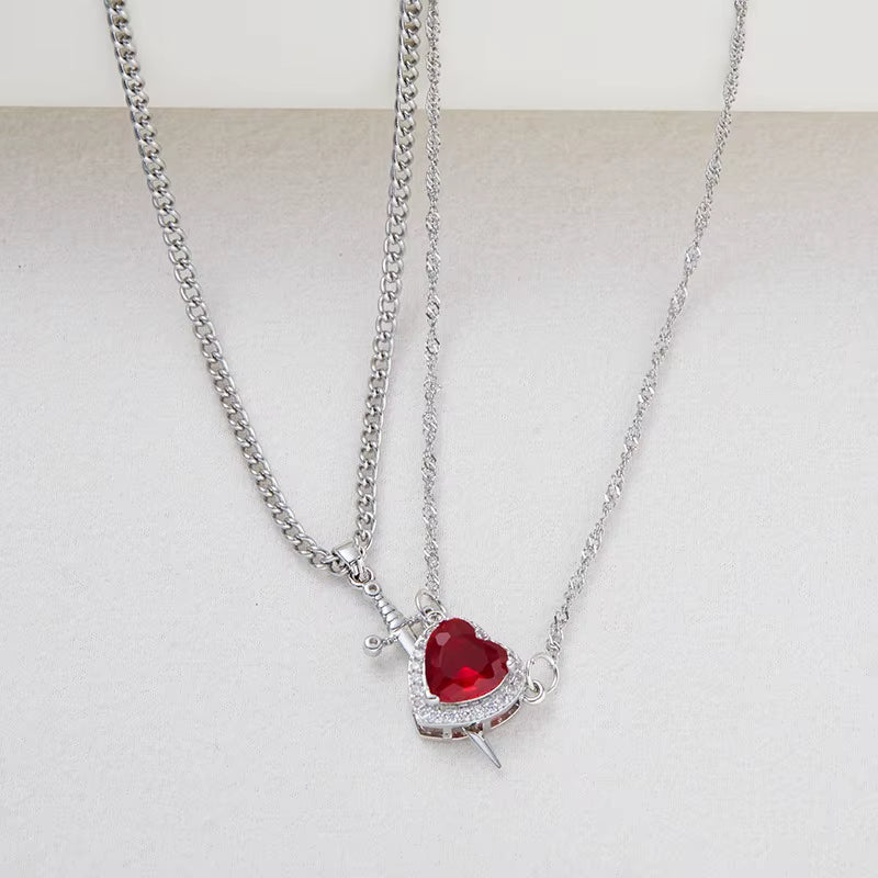 Creative Heart and Sword Couple Necklace Collarbone Chain Sword Necklace Fashion Accessories for Women Couple Gift Jewelry