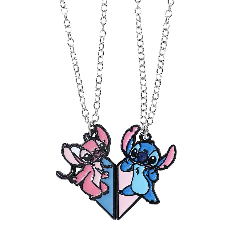 -Stitch Heart Necklace for Couple, Gold and Silver Color, Angel and Stitch, Cute Style , Jewelry Pendant, Gift for Girl, 1
