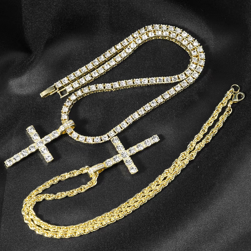 Hip Hop Iced Out Cross Pendant Necklace Strap 4Mm Zircon Tennis Chain Men Women Sparkling Necklace Punk Jewelry Fashion Gift