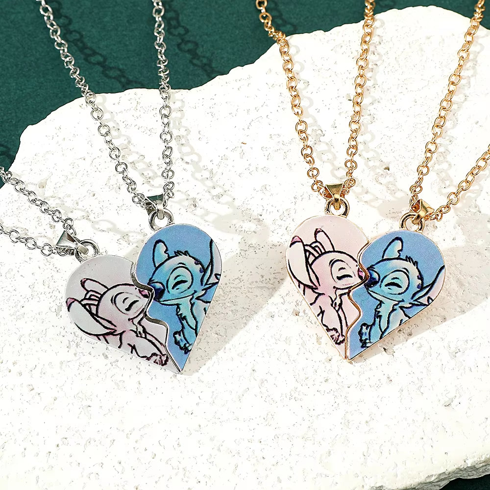 -Stitch Heart Necklace for Couple, Gold and Silver Color, Angel and Stitch, Cute Style , Jewelry Pendant, Gift for Girl, 1