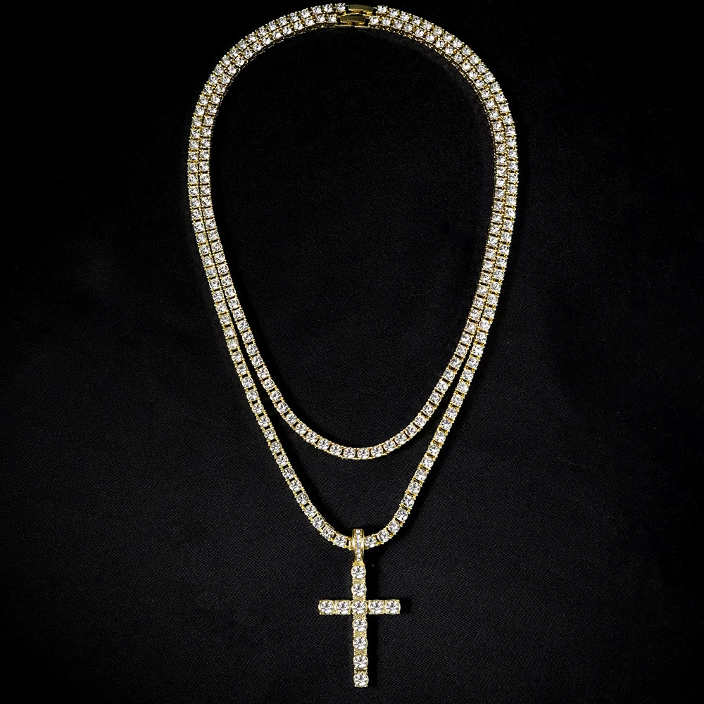 Hip Hop Iced Out Cross Pendant Necklace Strap 4Mm Zircon Tennis Chain Men Women Sparkling Necklace Punk Jewelry Fashion Gift