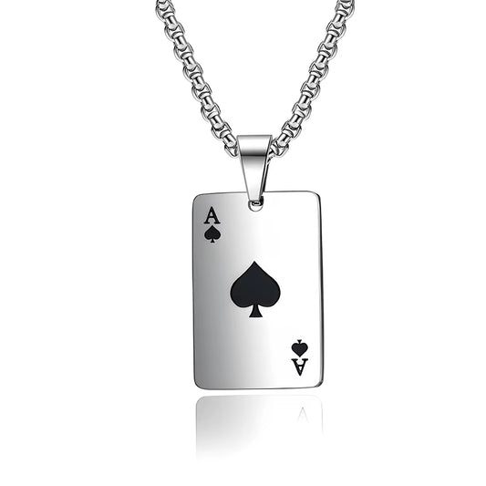 Hip Hop Stainless Steel Poker Card Ace of Spades Necklace for Men Pendant Chain Playing Cards Jewelry Ace of Hearts Necklaces